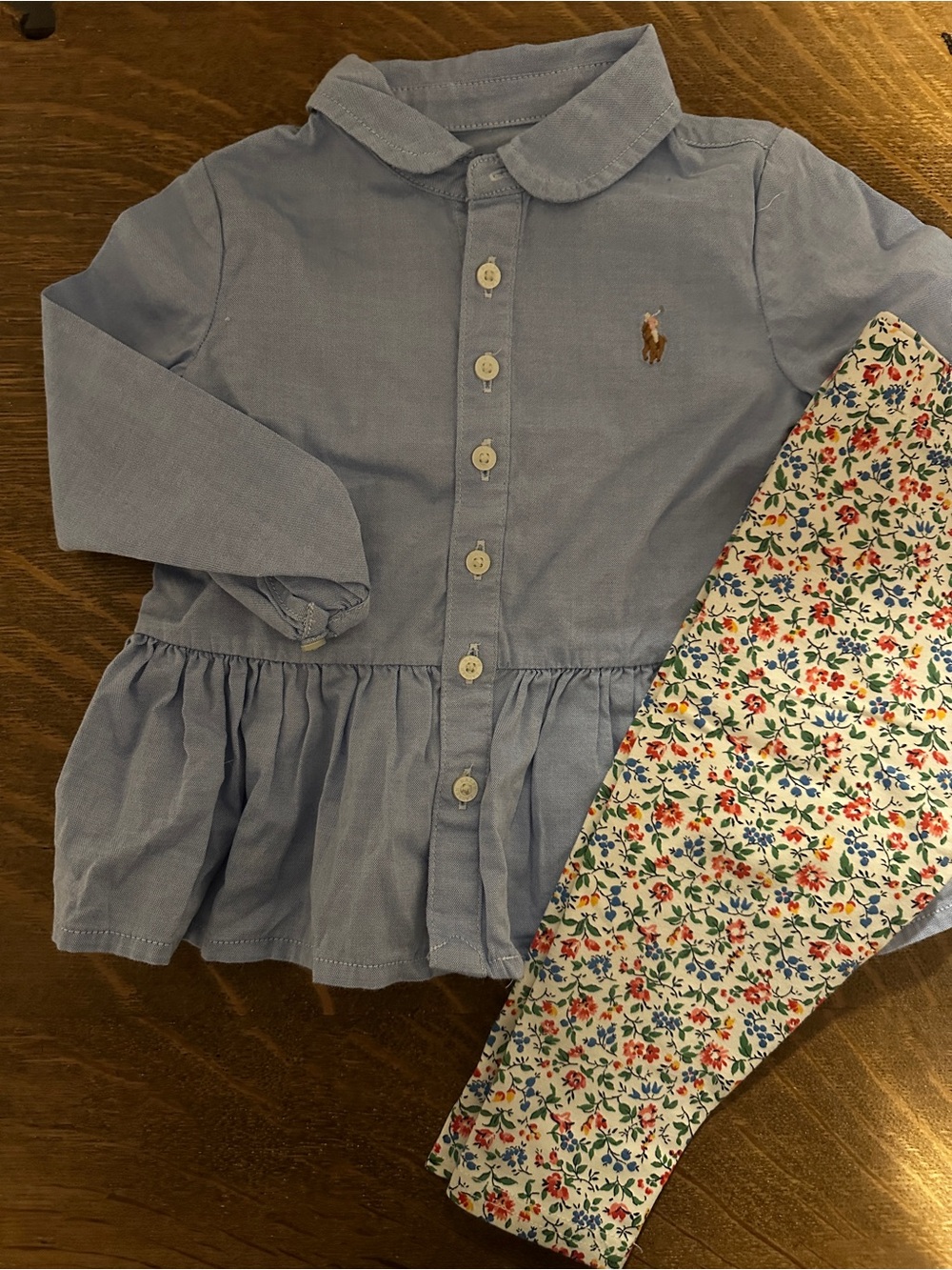 Ralph Lauren Light Blue Button-Front Peplum Blouse with Floral Leggings